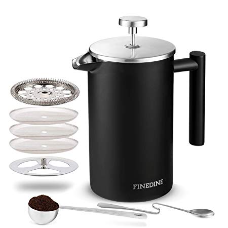Finedine French Press Coffee Maker - (34-Oz) 18/8 Stainless Steel Double Wall Insulated Retains Heat Longer - Triple-Screen Grounds Filter System, Sleek Matte Black, Extra Filter & Components Included
