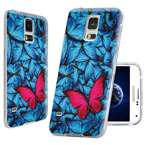 S5 Case,Samsung S5 Case,Galaxy S5 Case,ChiChiC full Protective Case slim durable Soft TPU Cases Cover for Samsung Galaxy S5 I9600,pink butterfly on beautiful background with lot of blue butterflys