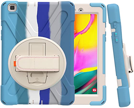 CCMAO Galaxy Tab A 8.0 Case 2019, SM-T290/T295 Case, [Hand Strap] 360 Degree Rotating Kickstand Full-Body Impact Resistant Cover for Samsung Galaxy Tab A 8.0 Inch 2019 (Rainbow Blue)