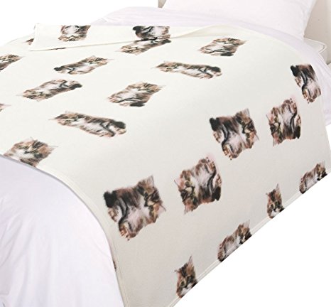 Dreamscene Cat Print Throw Blanket, Animal Print Bedspread, Beige/White