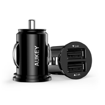 Aukey 4.8A / 24W Dual USB Car Charger Adapter for Apple iPhone 6s, 6s Plus and Android Devices (The Smallest but Most Powerful Car Charger in the World) - Black