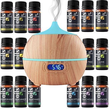 ArtNaturals Essential Oil and Bluetooth Diffuser Set - 400ml & Top 16 - Peppermint, Tee Tree, Rosemary, Lavender, Eucalyptus, & Frankincense - Auto Shut-off and 7 Color LED Lights – Therapeutic Grade