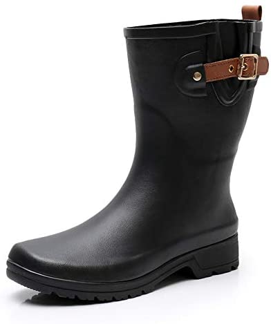 TRIPLE DEER Women's Rubber Rain Boots for Ladies, Mid-Calf Rain Shoes Warm Rain Footwear Waterproof Women Barn Boots Black
