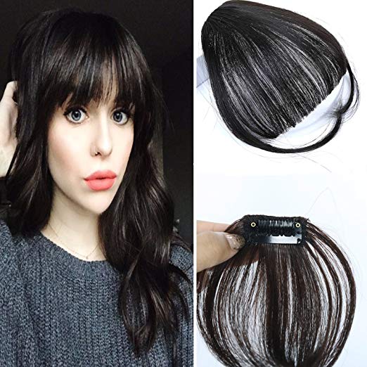 Vowinlle Fashion-Natural 100% Human Hair Clip in Bangs,Thin-Pretty 1 Piece (1clip) Hand Tied Flat Bangs (Front Fringe Clip with Temples,#1B Natural Black)