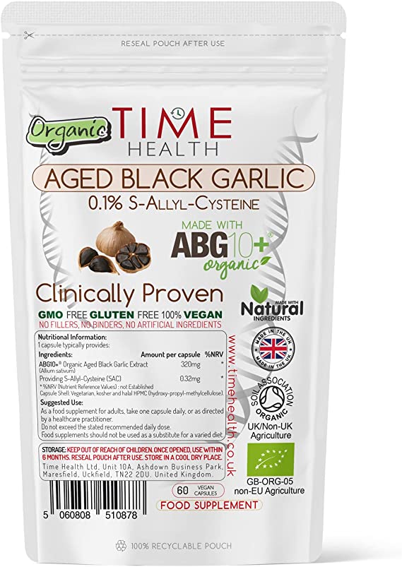 Organic Black Garlic Extract (Fermented) - 60 x 320mg Capsules - Clinically Proven Brand ABG  - Patented - Standardised S-Alyll-Cysteine (SAC) - Vegan - UK Made - Zero Additives