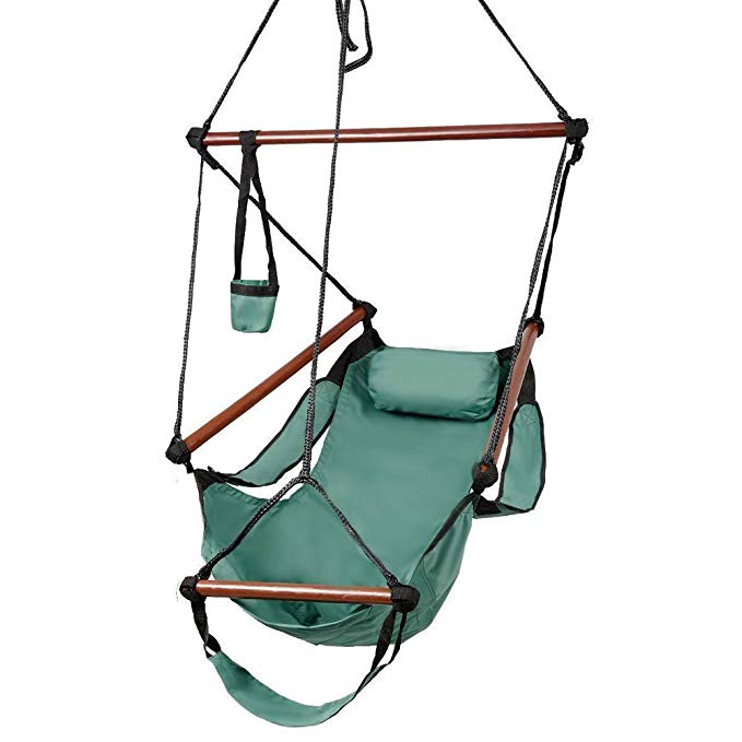 Z ZTDM Hammock Hanging Chair, Air Deluxe Sky Swing Seat with Pillow and Drink Holder Solid Wood Indoor/Outdoor Garden Patio Yard 250lbs (Green)