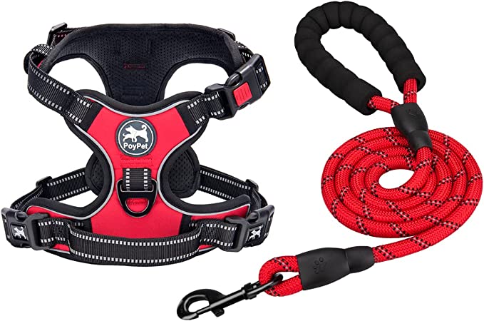 PoyPet Dog Harness and Leash Combo, Escape Proof No Pull Vest Harness, with 5 Feet Leash, Reflective Adjustable Soft Padded Pet Harness with Handle for Small to Large Dogs(Red,S)