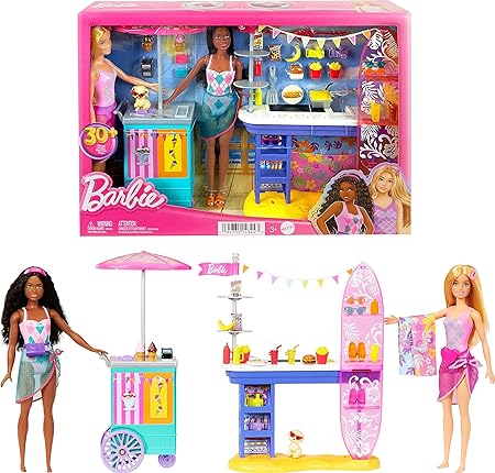 Barbie Dolls & Accessories Playset, Beach Boardwalk with Barbie “Brooklyn” & “Malibu” Dolls, Food Stand, Kiosk & 30  Accessories