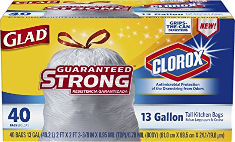 Glad Tall Kitchen Bags with Antimicrobial Protection of the Drawstring from Odors, 13 Gallon, 40 count