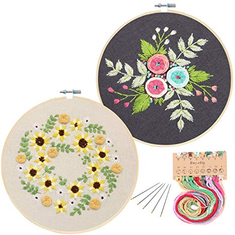 2 Pack Embroidery Starter Kit with Pattern, Kissbuty Full Range of Stamped Embroidery Kit Including Embroidery Cloth with Pattern, Bamboo Embroidery Hoop, Color Threads and Tools Kit (Rose Sunflowers)