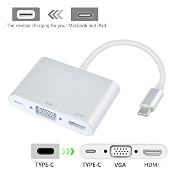 Type C To HDMI&VGA Adapter,ProCIV Type C USB 3.1 Hub USB-C to USB 3.0/ HDMI(4Kx2K) VGA / Type C Female Charger Adapter for New Macbook ,2015 Macbook 12 Inch Laptop(No Driver)