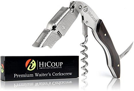 Ebony Wood Waiters Corkscrew by HiCoup – Best All-in-one Wine Opener, Bottle Opener and Foil Cutter