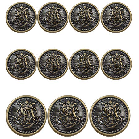 11 Piece Vintage Antique Brass (Bronze) Metal Blazer Button Set - King's Crowned, Vine Crest - For Blazer, Suits, Sport Coat, Uniform, Jacket (Antique Bronze)