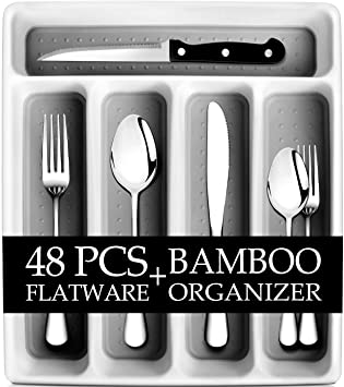 RayPard 48-Piece Silverware Set, Flatware Set Mirror Polished, Dishwasher Safe Service for 4, Include Fork/Spoon with 5-Compartment Non Slip Silverware Drawer Organizer Box Tray (Silver)