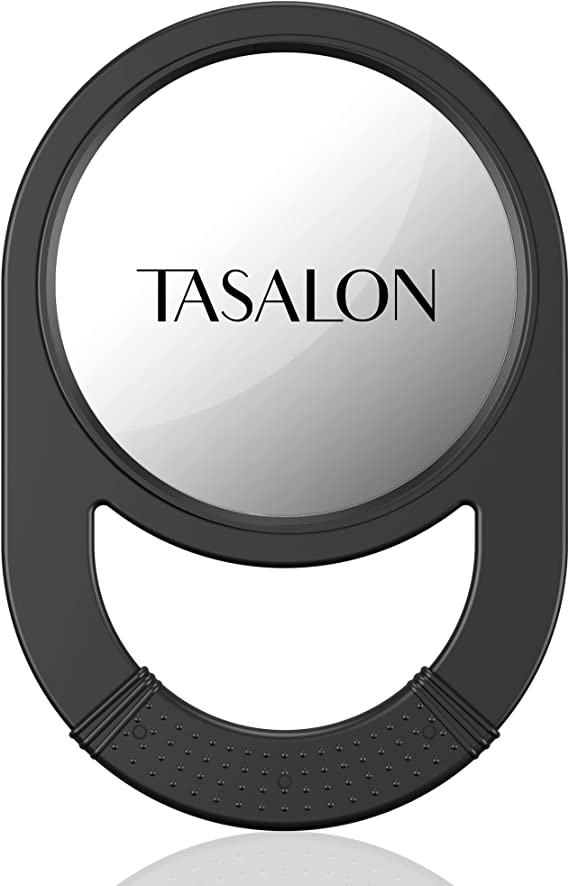 TASALON Unbreakable Hand Mirror, Hand Mirrors with Handle, Salon Mirror, Barber Mirror for Hair, Anti-Slip Hand Held Mirror with Rubber Grip for Travel, Makeup, Shaving, Shower, Camping - Black