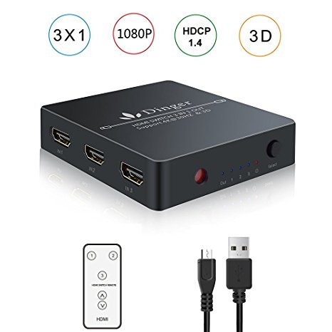 Dinger HDMI Switch, 3 Port 4K HDMI Switches Box with Remote Control and USB Charger Cable, HDMI Video Switcher Hub with Supports Full HD 1080P 3D