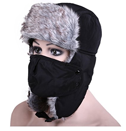 Unisex Adult Warm Trapper Hat,Cold Weather Ushanka With Windproof Mask,Faux Fur Ear Flap Cap for Skiing,Snowboarding,Motorcycling