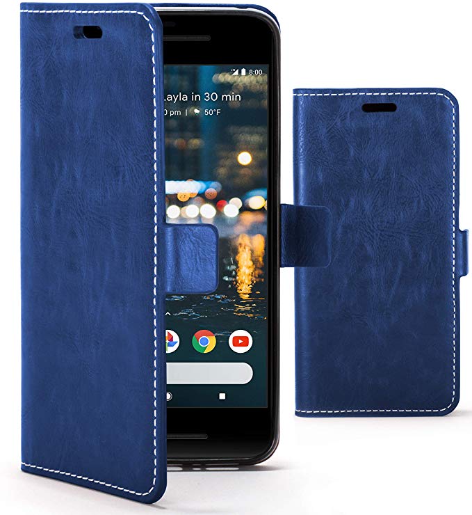 Forefront Cases Premium Flip Case Phone Cover for Google Pixel 2 | Handmade & Hand Stitched | Multi-Functional Wallet & Stand Design | Shock and Drop Dual Protector | Navy Blue   Stylus