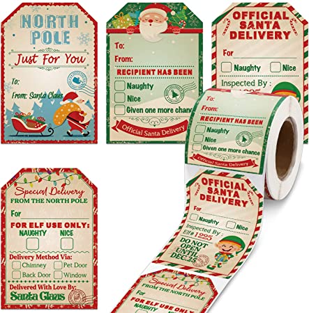 200 Pieces From Santa Claus Stickers Roll Vintage Christmas Tags Stickers Santa Delivery From The North Pole Present Stickers Labels for Kids Christmas Party Decorations, 2.3 x 3.34 Inch (Light Color)