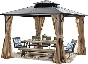 Hardtop Gazebo Double Roof - ABCCANOPY 10x10 Polycarbonate Double Roof Outdoor Gazebo with Netting and Curtain, Outside Canopy Gazebo for Patio, Deck and Backyard (Khaki)