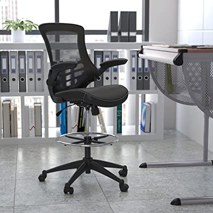 Flash Furniture Mid-Back Black Mesh Ergonomic Drafting Chair with LeatherSoft Seat, Adjustable Foot Ring and Flip-Up Arms