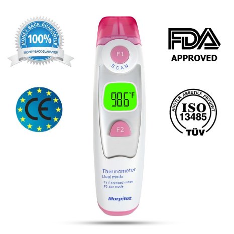[FDA & CE Approved]Morpilot® Digital Thermometer read from Forehead & Eardrum Dual Mode with no physical contact infrared method for Adult and Child Medical Quality Fast 1 second Instant fever detection and Accurate measurement 20 Memory Recall Safe and Hygienic(pink)
