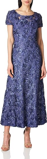 Alex Evenings Women's Long Rosette Lace Cap Sleeve Gown