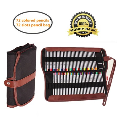 Daisy Drawing Wooden Art Pencil Set, 72 Assorted Colors Marco Raffine Drawing Art Colored Pencils Supplies with Roll UP Washable Canvas Pencil Bag Pouch Wrap Set for Artist Sketch
