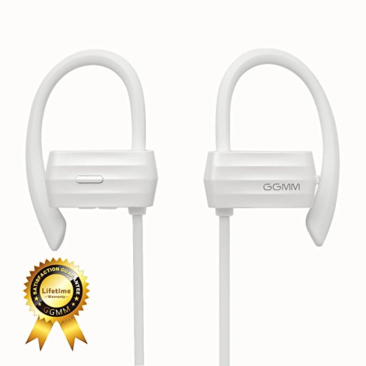 GGMM W600 Bluetooth Headphone 4.1, Lifetime Hassle Free Warranty, IPX4 Sweatproof Sport Earbuds, w/ Secure Ear Hook, Volume Control and Mic. Supports Noise Isolating, Hands Free Calling, 7Hr Playtime (White)