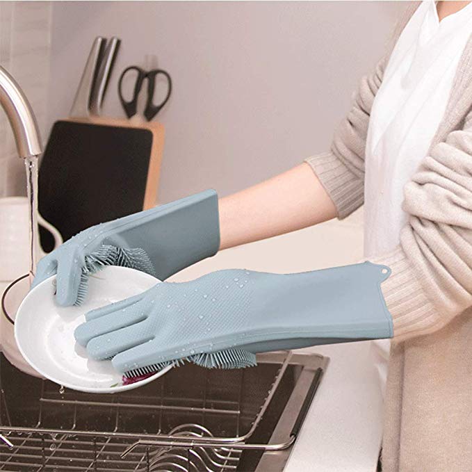VMONI Silicone Rubber Scrubbing Gloves for Dish Washing and Pet Grooming (Multicolour, Medium)