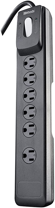 Woods 41494 Surge Protector With Safety Overload Feature 6 Outlets And 4 Ft Cord For 1440J Of Protection, 4 Foot, Black