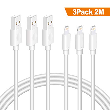 Ulinek iPhone Charger Cable 3PCS 2M iPhone Charger High Lifespan Lightning Cable for Apple iPhone X 8 8 Plus 7 7 Plus 6 6s 6s Plus, 5c 5s 5 SE, iPad Mini Air, iPod Nano Touch - White