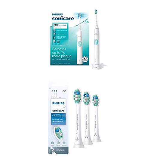 Philips Sonicare ProtectiveClean 4100 Electric Rechargeable Toothbrush with Genuine Philips Sonicare Optimal Plaque Control replacement toothbrush heads, White 3-pk