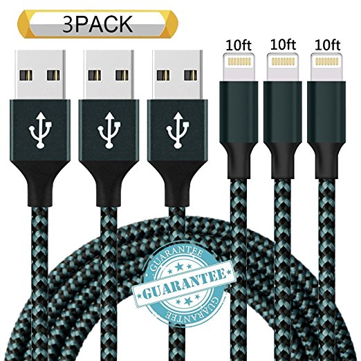 DANTENG Lightning Cable 3Pack 10FT Nylon Braided Certified iPhone Cable USB Cord Charging Charger for Apple iPhone X, 8, 7, 7 Plus, 6, 6s, 6 , 5, 5c, 5s, SE, iPad, iPod Nano, iPod Touch (Navy)