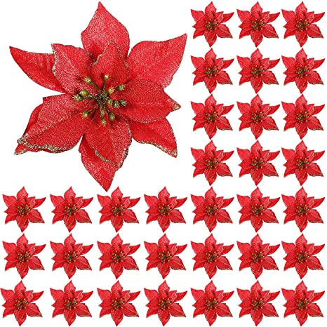 WILLBOND 45 Pieces Christmas Poinsettia Decorations Glitter Artificial Christmas Flowers for Xmas Tree Ornaments, 5 Inch (Color Set 3)