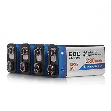 EBL 4 Pack 9V Ni-MH Rechargeable Batteries, 280mAh PP3 6F22 Batteries