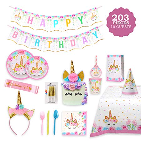 Unicorn Party Supplies Set & Tableware Kit,Serves 16 - Perfect for Girls Birthday Party Decorations- Includes Plates,Napkins,Cups,Starws,Utensils & 8 BONUS GIFTS