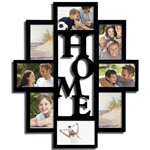 Adeco [PF0015-B] Adeco Decorative Black Wood "Home" Wall Hanging Picture Photo Frame Collage, 4 x 6", 8 Openings