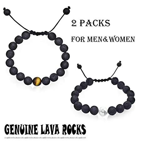 2 Packs Adjustable Lava Stone Diffuser Bracelet Clam Yoga Lava Bracelet Genuine Lava Rock, Essential Oils, Aromatherapy, Confidence, Meditation FOR MEN/WOMEN 7 to 9.9 inches