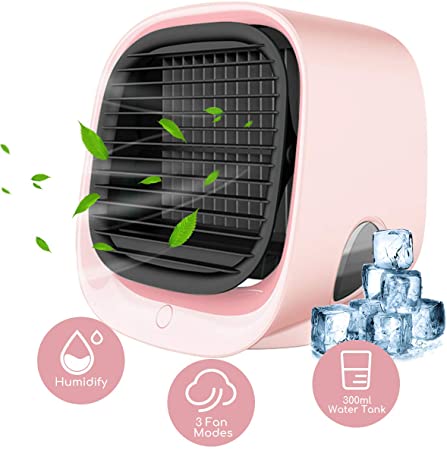 Personal Air Conditioner, Mini Portable Evaporative Air Cooler, 3 Wind Speeds Desktop Quiet Humidifier with LED Light USB Charging, Suitable for Home/Office (Pink)