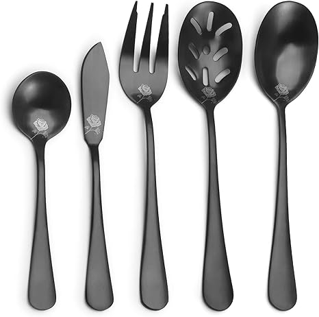 sharecook- Matte Black Serving Set, Sharecook 5 Piece 18/0 Stainless Steel Large Hostess Set with Round Edge, Satin Finished, Dishwasher Safe Spoons, Forks,Butter Knife& Slotted Spoon