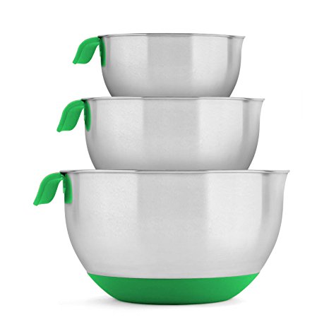 Blümwares 18/10 Stainless Steel Mixing Bowls with Handle and Spout, Set of 3 (Green)