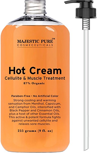 Majestic Pure Anti Cellulite Cream, 87% Organic Fat Burner Cream, 9 Oz - Tight Muscles & Muscle Pain Relief, Cellulite Massager - Hot Cream Soothes, Relaxes, and Tightens Skin