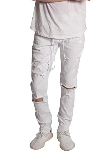 KDNK Men's Skinny Fit Stretch Twill Cotton Drawstring Distressed Ankle Zip Pants
