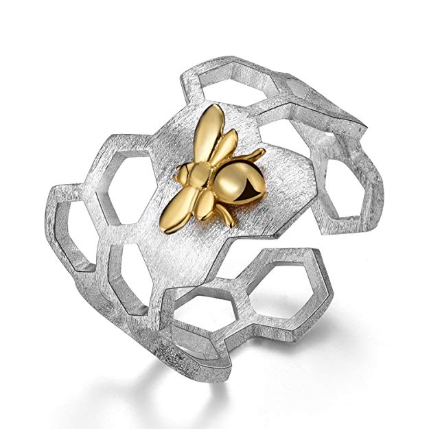 Lotus Fun Gifts for Christmas S925 Sterling Silver Rings Handmade Unique Thumb Ring Natural Open Honeycomb Bee Jewelry Gift for Women and Girls