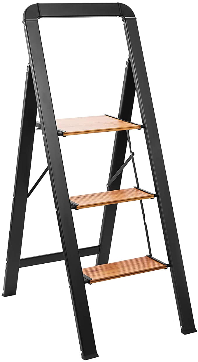 Delxo Aluminum 3 Step Ladder,2020 Upgrade Lightweight Folding Step Stool with Long Handle, Anti-Slip Study Pedal, Classic Wood Look Without Wood Worry Step Ladder, Hold Up to 330LB