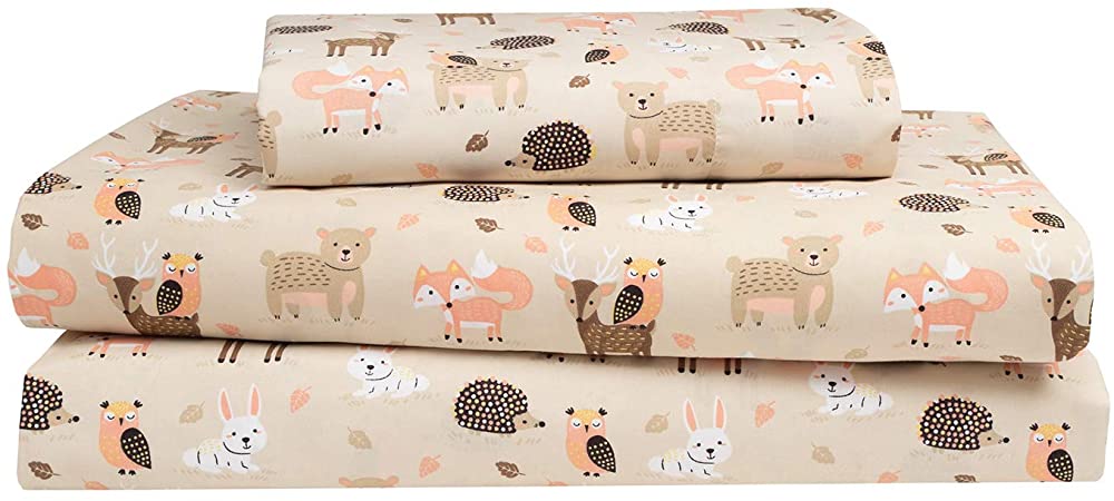 3-Piece Woodland Creatures Squirrel Deer Hedgehog Kids Twin Microfiber Bed Sheet Set Bedding, Tan Orange Brown