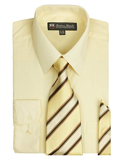 Fortino Landi Men's Long Sleeve Dress Shirt, Tie And Hanky Set - Many Colors