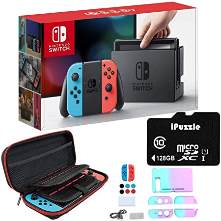 Newest Nintendo Switch with Neon Blue and Neon Red Joy-Con - 6.2" Touchscreen LCD Display, 32GB Internal Storage, 802.11AC WiFi, Bluetooth 4.1 - Blue and Red - 128GB SD Card   12-in-1 Carrying Case