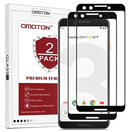 OMOTON [2 pack] Compatible with Google Pixel 3 Screen Protector - Full Coverage Tempered Glass Screen Protector - [3D Round Edge] [9H Hardness] [Crystal Clear] [Scratch Resist] Black